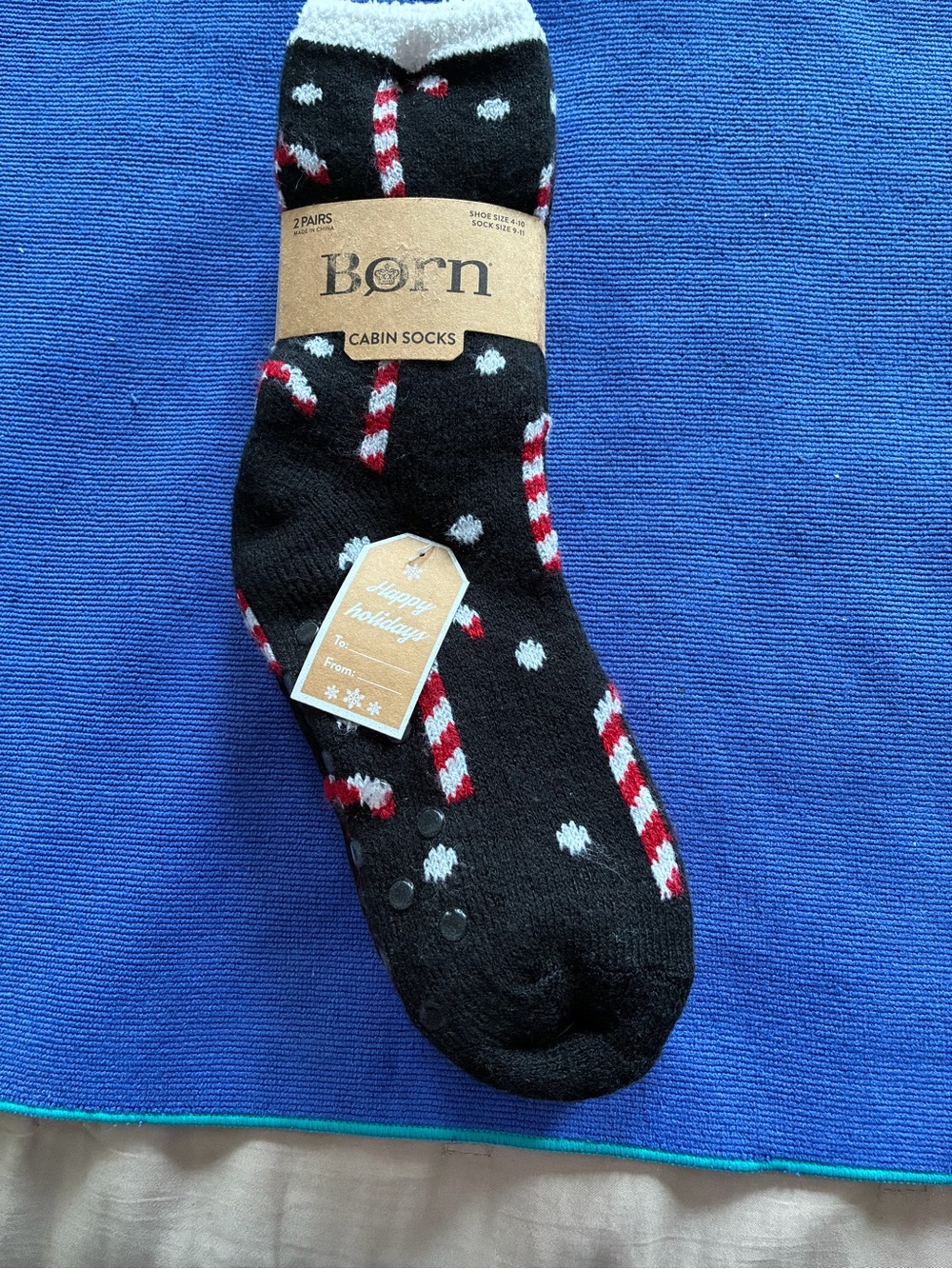 Born Black Cabin Socks with Red & White Candy Cane Motif